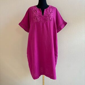Pure Collection Sz 14, Pink 100% Linen Shift Dress,‎ lace overlay, short sleeves